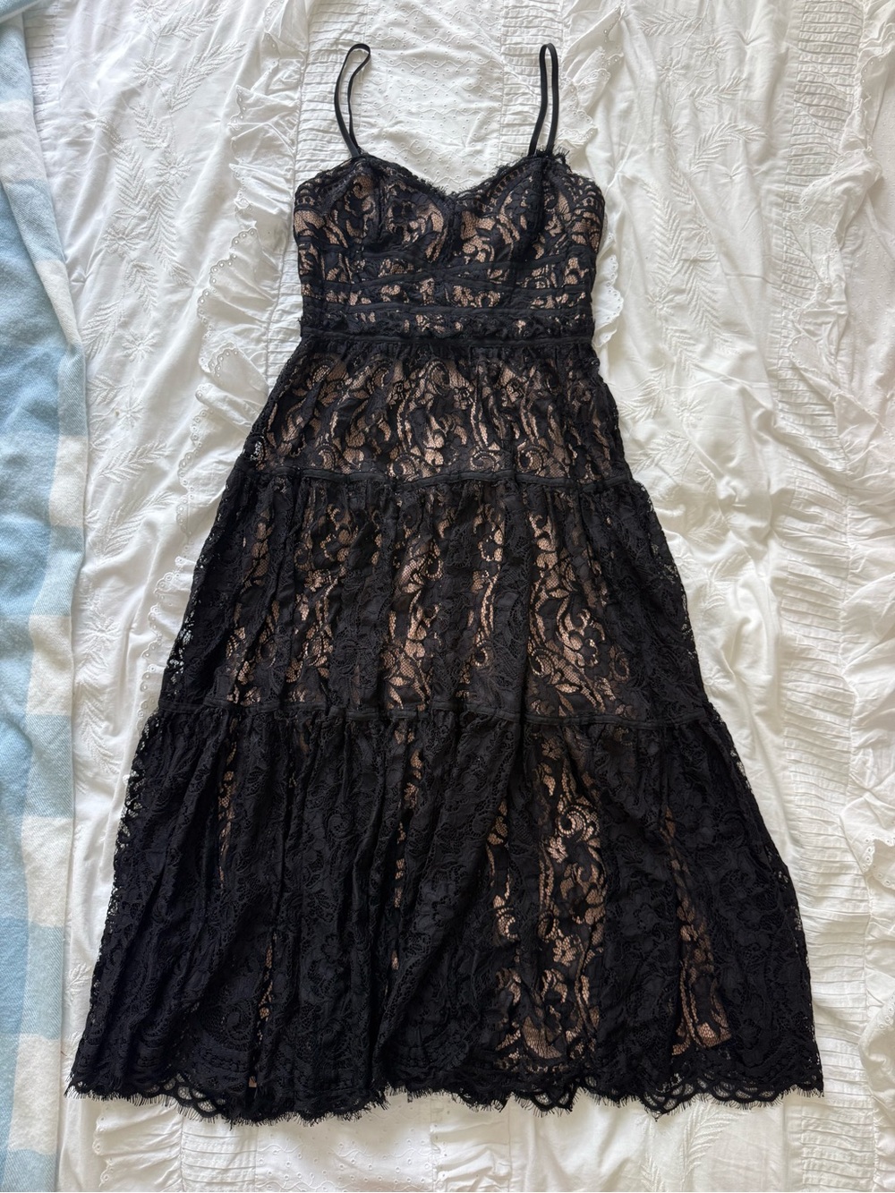 Aqua Black Lace Tiered Slip Midi Dress with Nude Underlay